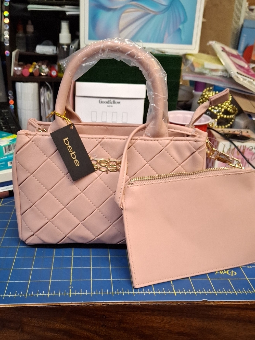 bebe Quilted Satchel & Matching Wristlet - Light Pink NWT